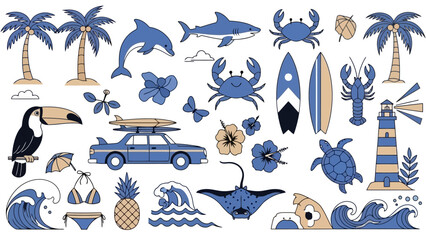 Tropical Summer Beach Vacation Elements with Palm Trees, Surfboards, and Ocean Wildlife
