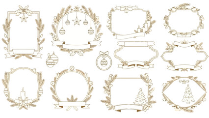 Christmas Decorative Frames and Borders with Ornaments, Pine Cones and Ribbons