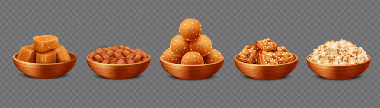 Lohri Traditional Sweets Set &ndash; Gur, Peanuts, Laddu, Chikki and Popcorn in Clay Bowls &ndash; Isolated Vector Collection