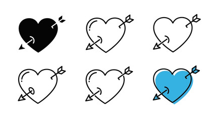 Set of stylized heart icons with Cupid's arrow, isolated on white background