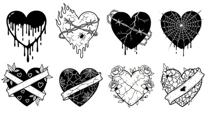 Gothic Hearts Tattoo Designs with Flames, Barbed Wire, and Spiders