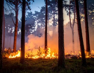 Forest fire rages with flames and smoke amongst trees