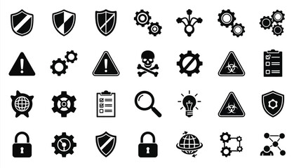 Collection of black and white icons featuring shields gears and warning symbols