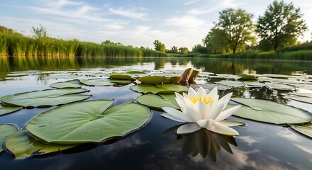 Serene water lilies float peacefully on a calm pond, under a bright sky, reflecting the surrounding greenery.