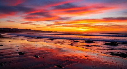 A vibrant sunrise paints the coastal beach with hues of orange, pink, and purple, reflecting in the tranquil water.