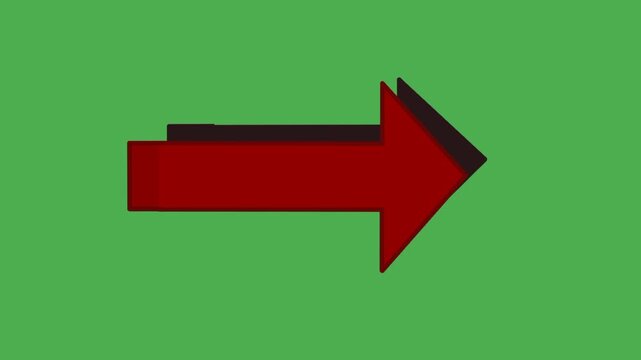 Red pointing arrow with soft shadow on green screen background. Clean bold direction icon for chroma use.