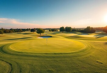 Fototapeta premium Ein weitläufiger, sonnenverwöhnter Golfplatz mit sattgrünen Fairways unter blauem Himmel, ideal für sportliche Landschaftsaufnahmen , idyllisch, sonnig