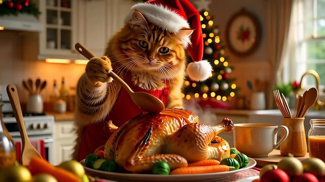 Anthropomorphic ginger cat chef basting a roasted turkey in a warm Christmas kitchen, illustrating festive holiday cooking humor.