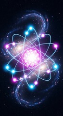 A vibrant illustration of an atom, encircled by swirling cosmic nebulae, showcasing a luminous representation of atomic structure within a cosmic backdrop.
