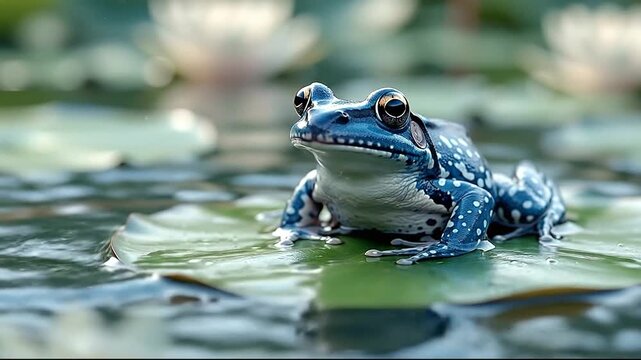 Blue frog resting on lily pad in serene pond setting