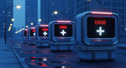 Futuristic machines lined up on a wet city street display an error message, reflected by streetlights in a dark, urban environment. The scene evokes a sense of technological failure.
