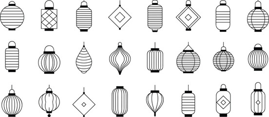 Set of twenty black and white line art Chinese lantern icons, traditional decorative designs for festivals, cultural graphics, celebration themes and illustrations