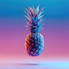 A floating pineapple against a vibrant gradient background, illuminated with colorful lights