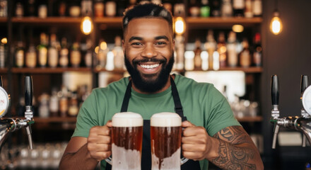 Smiling African American bartender joyfully holding two mugs filled with foamy beer, set against a warmly lit bar with an array of bottles and taps.
