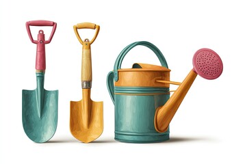 Illustrated garden tools including shovels and a watering can, set against a white background