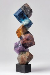 A stack of multi-colored, faceted stones balanced on a black base against a white background
