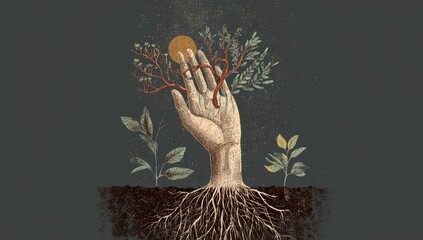 Stylized hand sprouting foliage, sun above, roots below, dark background