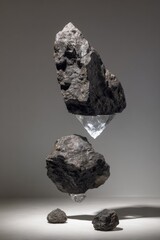 Floating rocks, seemingly in balance above transparent structures against a neutral background