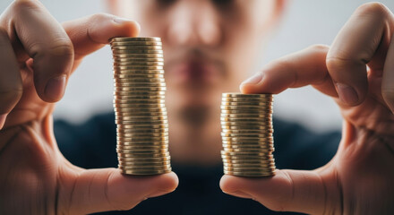 Two stacks of gold coins are held between fingers, set against a blurred human figure, showcasing finance, investment, and economic balance.