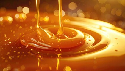 Viscous golden liquid pouring, ripples & bright bokeh