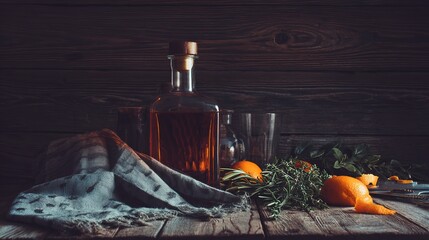 cork. Amber-colored liquor bottle on a wooden table with orange peels and herbs. bar promotions, beverage menus, designed for product packaging and bar promotions, used by curriculum designers.