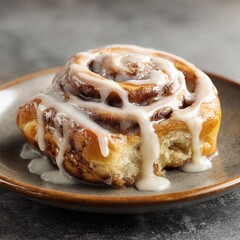 A cinnamon roll, glistening with icing, sits on a plate