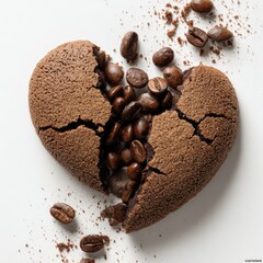 Cracked heart-shaped cookie revealing coffee beans on a white background