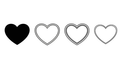 Set of Heart Icons: Solid, Outline, Double Outline, and Thin Outline Variations