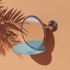 Circular mirror reflecting a surface and shadows, mounted on chrome, against a warm background