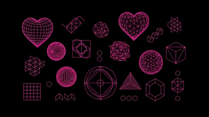 Geometric Wireframe Shapes and Forms on Black Background, Pink Neon Outline.