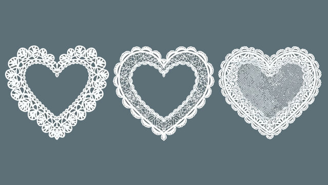 Collection of Three Delicate White Lace Heart Frames on a Dark Background