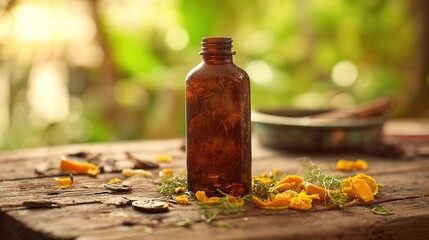 cork. Amber-colored liquor bottle on a wooden table with orange peels and herbs. bar promotions, beverage menus, designed for product packaging and bar promotions, used by curriculum designers.