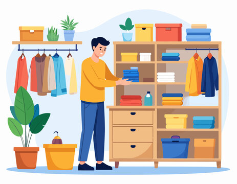 A man meticulously organizing his wardrobe, folding and arranging various clothes on shelves and hangers in a well-kept closet.