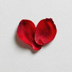 A heart formed from two deep red rose petals set against a textured white backdrop
