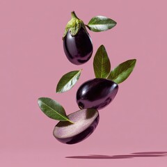 Levitation of three eggplants and leaves against a pink backdrop, one cut