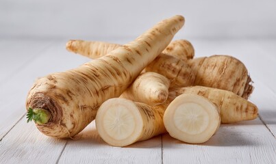 Close-up of several parsnips, some whole, others sliced, on a white wooden surface