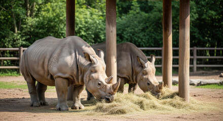 Obraz premium Two rhinos eating hay under a wooden structure in a zoo enclosure. Grey, outdoors, daylight, captive animals. Dusty, hot summer in the park. Conservation animal.