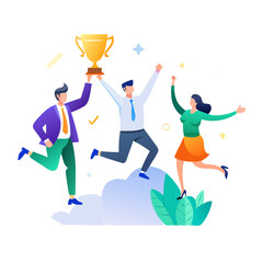 The business team celebrates success. People jump and rejoice at the prize, the Cup. Flat 2D character. Concept for web design
