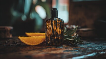 cork. Amber-colored liquor bottle on a wooden table with orange peels and herbs. bar promotions, beverage menus, designed for product packaging and bar promotions, used by curriculum designers.