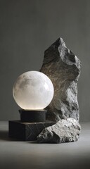Moon-like orb lamp on a marble base, set among textured rock formations on a neutral background