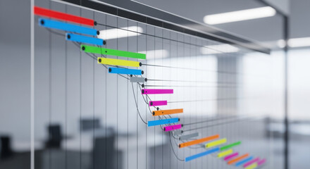Detailed and vibrant project timeline chart on a glass wall in a bright minimalist office, showcasing planning and progress tracking in a corporate setting.