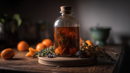 cork. Amber-colored liquor bottle on a wooden table with orange peels and herbs. bar promotions, beverage menus, designed for product packaging and bar promotions, used by curriculum designers.