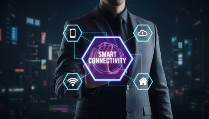 Businessman touching smart connectivity interface with IoT icons in modern city background.