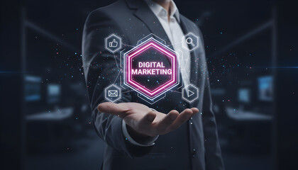 Business person displaying digital marketing interface for online brand promotion.