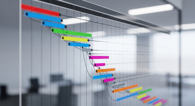 Detailed and vibrant project timeline chart on a glass wall in a bright minimalist office, showcasing planning and progress tracking in a corporate setting.