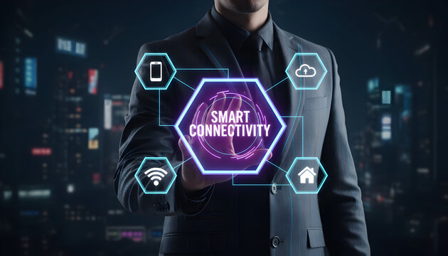 Businessman touching smart connectivity interface with IoT icons in modern city background. - Powered by Adobe