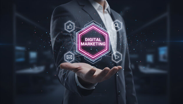 Business person displaying digital marketing interface for online brand promotion. - Powered by Adobe