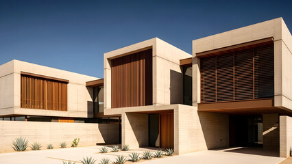 Modern concrete houses with wooden louvers under clear blue sky architecture home