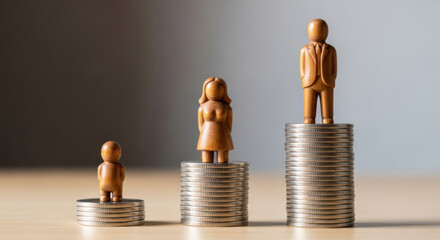 Wooden figurines on stacks of silver coins symbolize unequal pay, set against a neutral background. It highlights gender wage inequality and financial disparity.