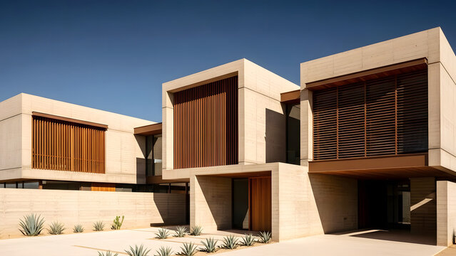 Modern concrete houses with wooden louvers under clear blue sky architecture home